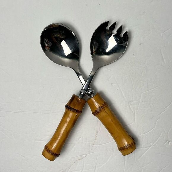 SEKI Hamono KK Natural Bamboo Handle Stainless 18-8 Japan Salad Serving Spoons - Picture 1 of 4